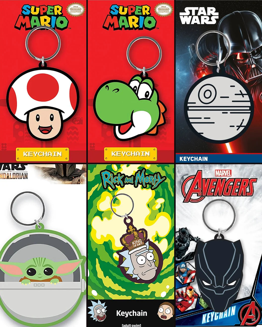 Licensed merchandise &mdash; keychains from Super Mario, Star Wars, Marvel & more